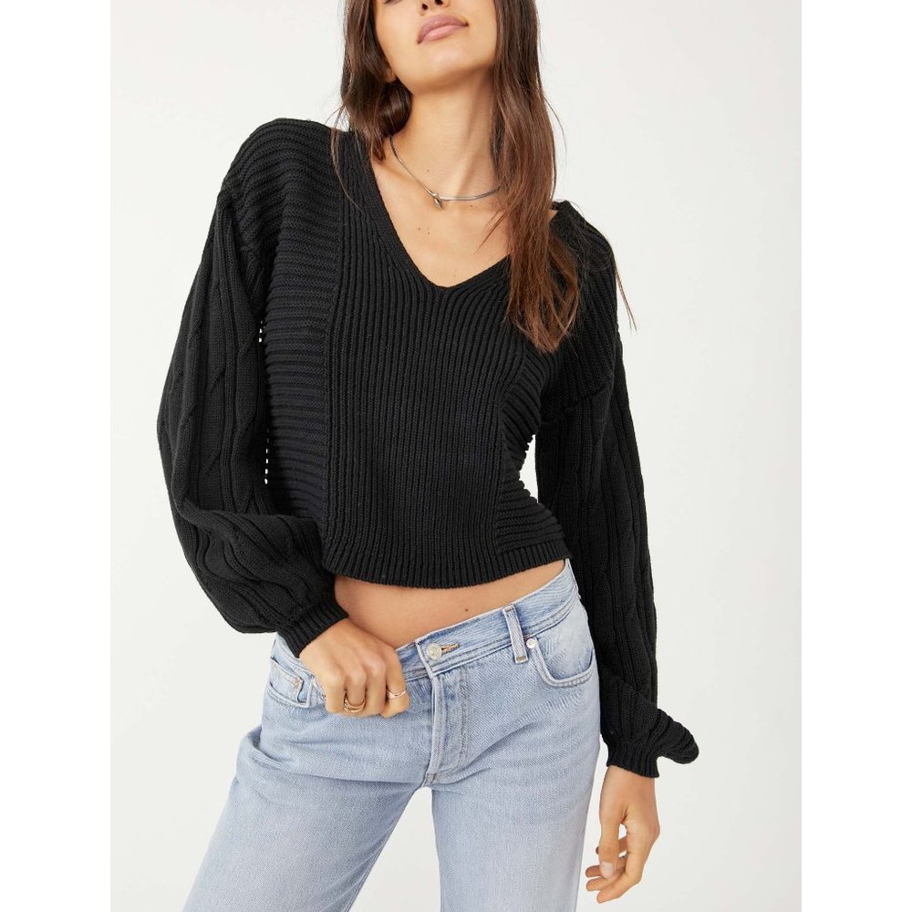 NWOT Free People When It Rains V Neck size Medium Black Pullover Sweater